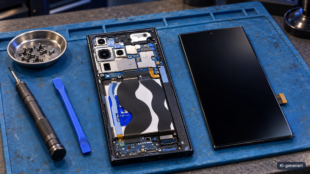 Geöffnetes Smartphone, Ersatzdisplay und Präzisionswerkzeug auf einer blauen Arbeitsmatte (KI-generiert)
